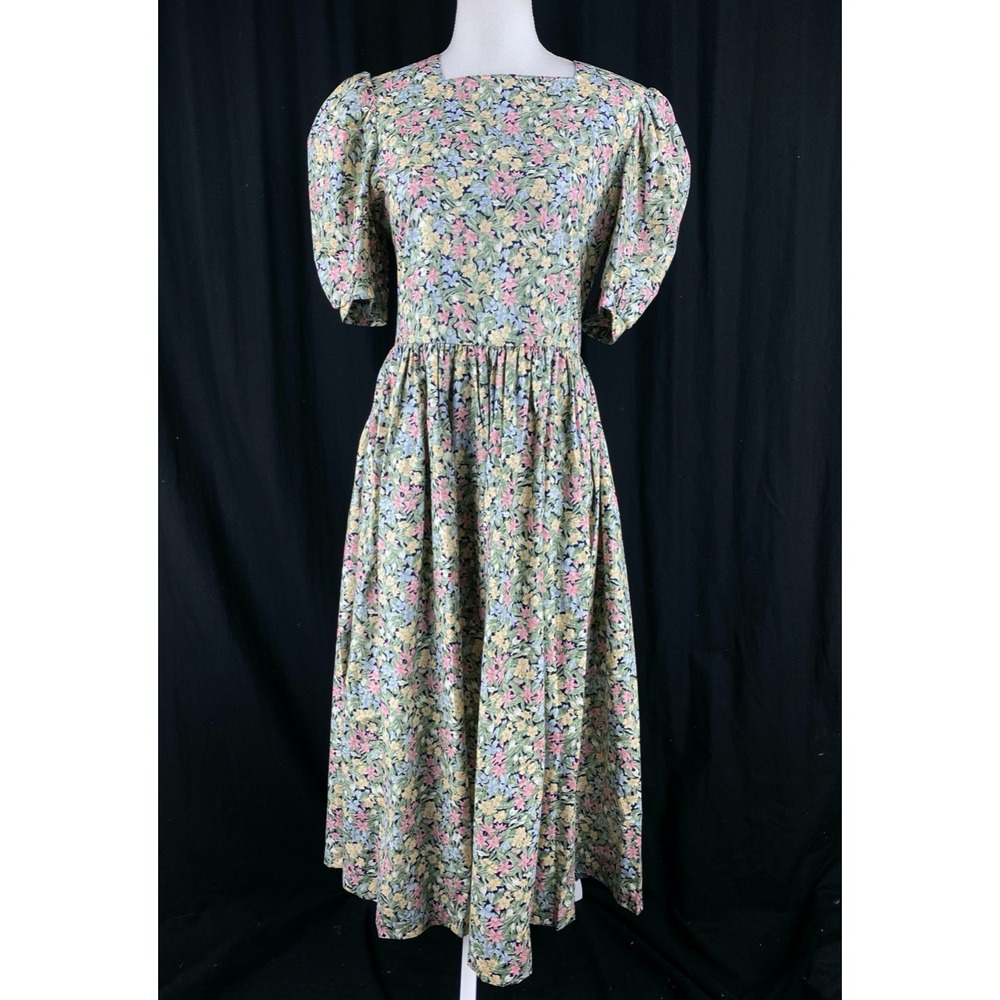 Laura Ashley M Square Neck Puff Sleeve Prairie Floral Vtg 80s Day Tea Dress
